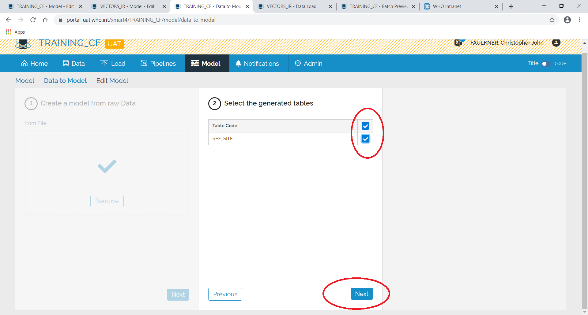 Image showing step 2 of the Data To Model process where a table can be selected and the next button